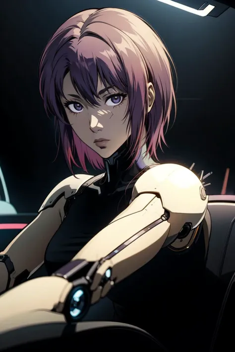 detailed background, best quality, masterpiece, cinematic lighting, highly detailed,
looking at viewer, straight-on, (kusanagi motoko, ghost in the shell), driving a car, sport car,, blurry background, black leotard,   <lora:CyberSongbird:0.7>,mechanical parts,purple hair,asymmetrical hair, wires,  dark laboratory, neon lights, hand in own hair,