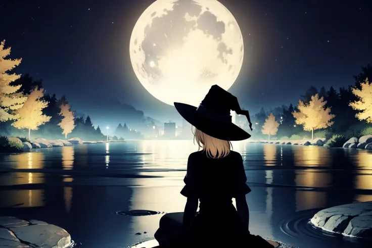 detailed background, best quality, masterpiece, cinematic lighting, highly detailed,
dark-background night ripples (river:1.2) stones scenery trees BREAK
(limited-palette:1.1) vibrant-colors kirisame-marisa witch-hat dark-energy blonde-hair yellow-eyes black-dress waist-apron messy-hair glowing-eyes dark-backround (far-away:1.45) sitting looking-away very-far-away riverside next-to-river sitting-on-floor (night:1.25) raining