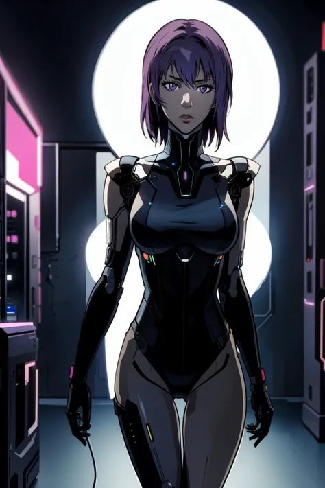 detailed background, best quality, masterpiece, cinematic lighting, highly detailed,
looking at viewer, straight-on, (kusanagi motoko, ghost in the shell),  bare hands,walking, blurry background, black leotard,   <lora:CyberSongbird:0.7>,mechanical parts,purple hair,asymmetrical hair, wires,  dark laboratory, neon lights,