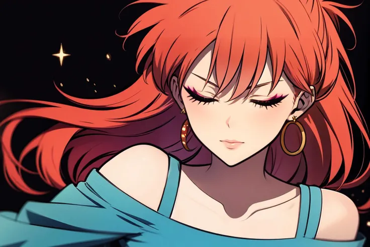 detailed background, best quality, masterpiece, cinematic lighting, highly detailed,
1girl, souryuu asuka langley, solo, red hair, long hair, blue eyes, BREAK
asuka langley, solo, black background, one eye closed, earrings, jewelry, half-closed eyes, lipstick, makeup, sparkling dress, blue dress, glint, midriff, collarbone, long sleeves, wide sleeves, hair beads, sidelocks, blunt bangs, purple earrings, star earrings, partially bare shoulders, pink mascara, pink eyeliner, BREAK
(high quality, detailed, beautiful), shiny, detailed beautiful eyes, outstanding, countershading, detailed soft lighting