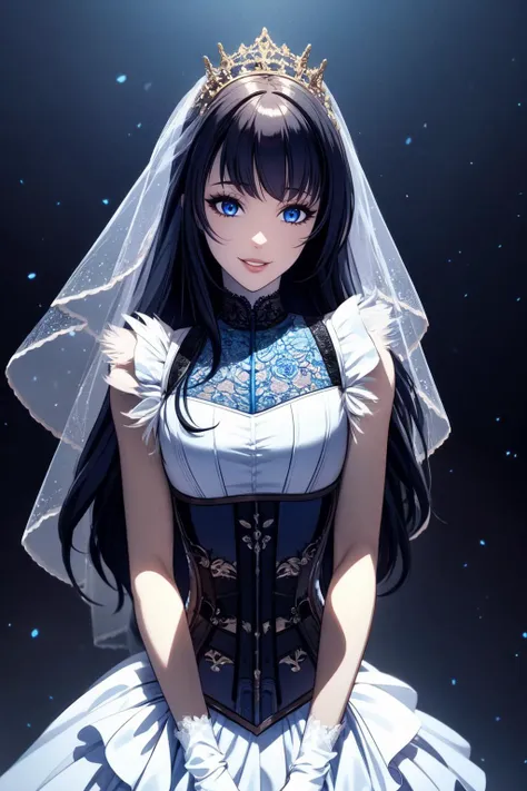 detailed background, best quality, masterpiece, cinematic lighting, highly detailed,
blue-galaxy 1girl solo corset blue-eyes gem black-lips long-hair black-hair fur trim layered-dress bangs makeup eyelashes wedding-dress parted-lips straight-on smile black-lace,detailed background, accurate details, holding flowers