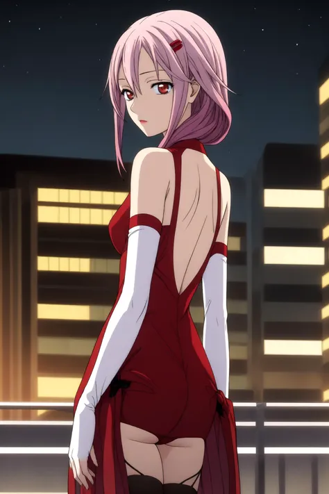 (masterpiece),(best quality),(extremely intricate),(sharp focus),(glowy luminescence),(extremely detailed),
from behind, inori yuzuriha, hair ornament, hairclip, long hair, pink hair, (red eyes:1.5), ponytail, (medium breasts:1.2), full body,
BREAK bare shoulders, black thighhighs, detached sleeves, elbow gloves, fingerless gloves, gloves, navel, thighhighs, ice skating dress, purple dress,
BREAK night, night sky, sky, star \(sky\), star \(symbol\), city,
BREAK looking at viewer, (cowboy shot:1.5),
BREAK (illustration:0.8), (beautiful detailed eyes:1.6), extremely detailed face, extremely detailed CG, (perfect hands, perfect anatomy),
BREAK, <lora:low_ponytail-1.0:1><lora:hyperdetailer_v095:0.3><lora:leotard_with_pantyhose:0.6> <lora:Inori:0.6>