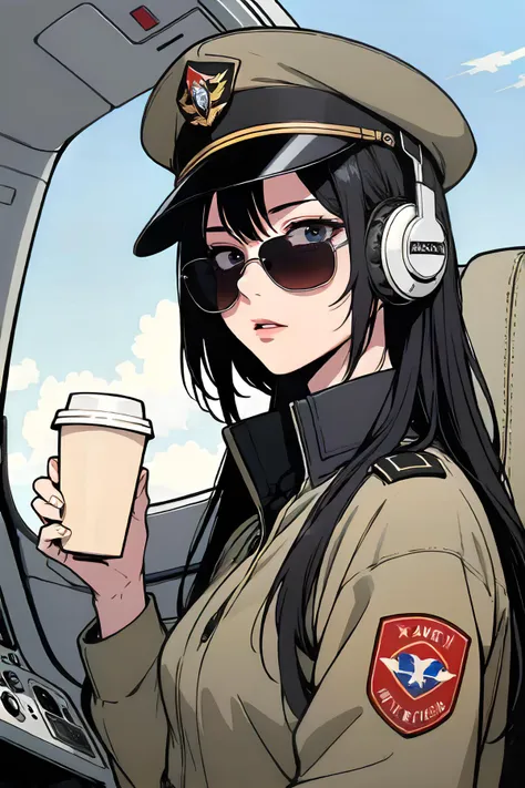 masterpiece, best quality, 1girl, airplane cockpit, military cap, sunglasses, pilot uniform, headphones, b-17, holding coffee cup