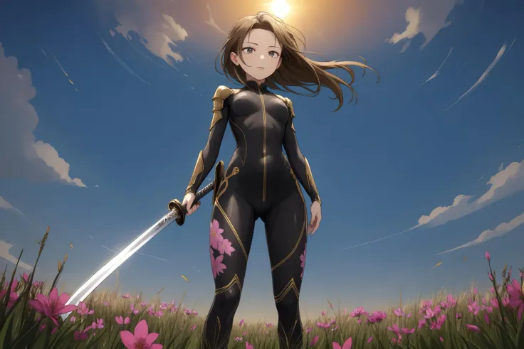 from below,(masterpiece),(best quality),(extremely intricate),(sharp focus),(glowy luminescence),(extremely detailed),A cute chibi in armor,standing in a meadow of wildflowers. She has long brown hair adorned with wildflowers. Her expression is determined,and her eyes are shining with courage. The sun is shining brightly behind her,casting a golden glow over the scene.,flower4rmor,flower bodysuit,Flower,
full body, beautiful color, detailed, amazing quality, [by momoco|by quasarcake], (by wlop:0.6), holding sword, katana, ninja mask
BREAK, <lora:low_ponytail-1.0:1><lora:hyperdetailer_v095:0.3>