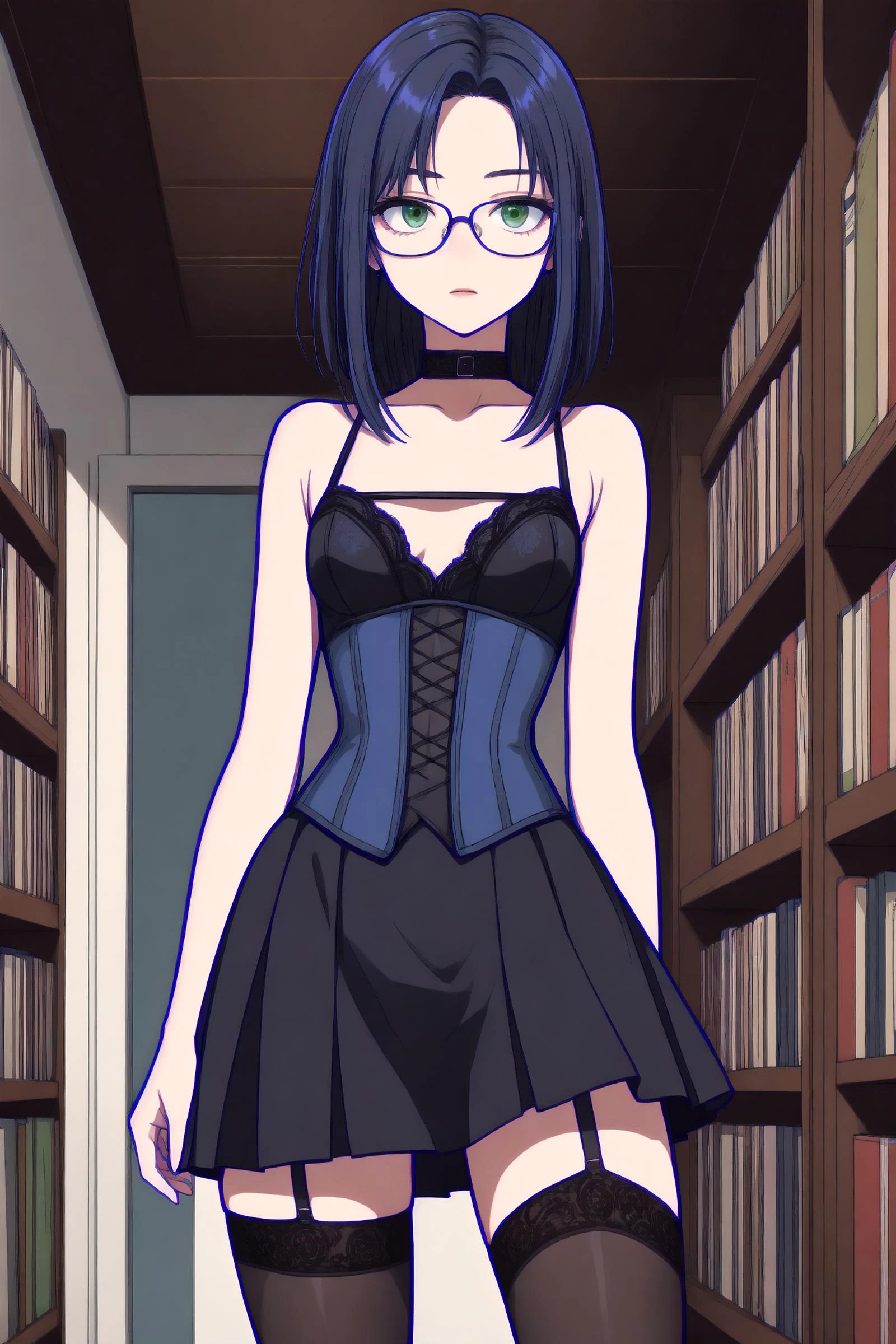 (masterpiece, best quality), 1girl, small breasts, small hips, green eyes, blue hair, black corset, lace skirt, garter belt, black legwear, old library, petite, glasses,
<lora:hyperdetailer_v095:0.3> <lora:color stroke_v1.03:1>black stroke,