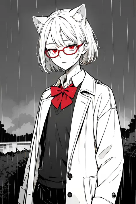 masterpiece, best quality, 1girl, white hair, white cat ears, short hair, red eyes, glasses, collared shirt, bowtie, sweater, trenchcoat, pants, white gloves, outdoors, rain, lighting, thunderstorm, monochrome, (manga style:1.2)