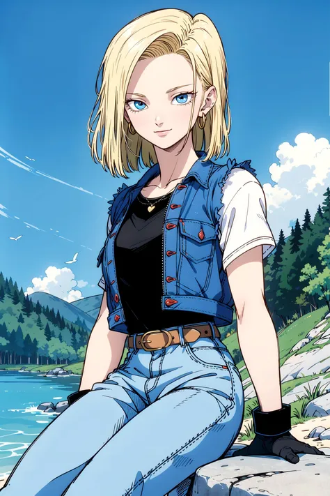 cinematic film still masterpiece, best quality, ultra-detailed, absurdres, Portrait of beautiful Android18DB, solo, earrings, jewelry, denim, smile, belt, vest, cloud, sky, day, pants, outdoors, gloves, necklace, jeans, rock, sitting, sitting_on_rock, volumetric lighting, best quality, masterpiece, intricate details, tonemapping, sharp focus, hyper detailed, trending on Artstation, <lora:Android18DB:1> . shallow depth of field, vignette, highly detailed, high budget, bokeh, cinemascope, moody, epic, gorgeous, film grain, grainy