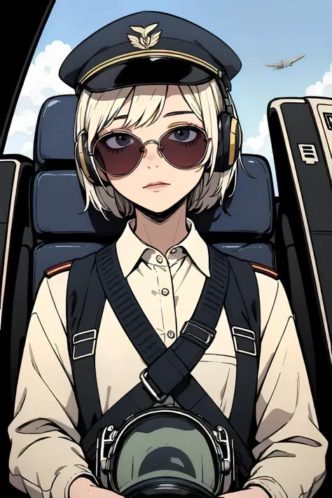 masterpiece, best quality, 1girl, airplane cockpit, military cap, sunglasses, pilot uniform, headphones, b-17, piloting