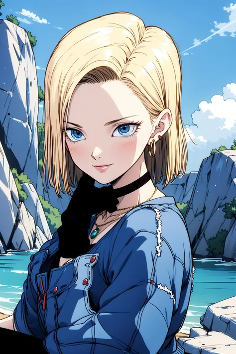 cinematic film still masterpiece, best quality, ultra-detailed, absurdres, Portrait of beautiful Android18DB, solo, earrings, jewelry, denim, smile, cloud, sky, day, outdoors, gloves, necklace, sitting, sitting_on_rock, volumetric lighting, best quality, masterpiece, intricate details, tonemapping, sharp focus, hyper detailed, trending on Artstation, <lora:Android18DB:1> . shallow depth of field, vignette, highly detailed, high budget, bokeh, cinemascope, moody, epic, gorgeous, film grain, grainy