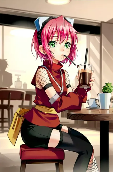 IzunaCzar, (short hair, pink hair, green eyes, goggles), (black spandex shorts, red ninja clothes, ninja, fishnet, fishnet legwear, shuriken), (sitting, cafe, drinking coffee), (masterpiece:1.2), hires, ultra-high resolution, 8K, high quality, (sharp focus:1.2), clean, crisp, cinematic,<lora:Izuna-15:0.7>