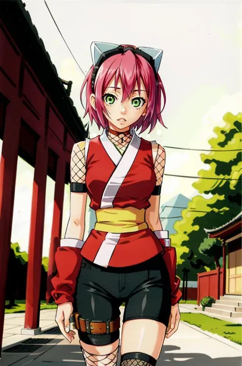 IzunaCzar, (short hair, pink hair, green eyes, goggles), (red ninja clothes, ninja, fishnet, fishnet legwear, black spandex shorts, shuriken), (standing, temple), (masterpiece:1.2), hires, ultra-high resolution, 8K, high quality, (sharp focus:1.2), clean, crisp, cinematic,<lora:Izuna-15:0.7>