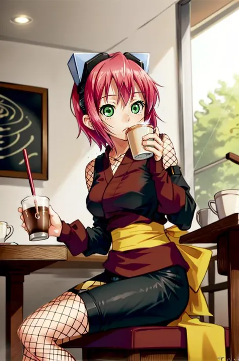 IzunaCzar, (short hair, pink hair, green eyes, goggles), (black spandex shorts, red ninja clothes, ninja, fishnet, fishnet legwear, shuriken), (sitting, cafe, drinking coffee), (masterpiece:1.2), hires, ultra-high resolution, 8K, high quality, (sharp focus:1.2), clean, crisp, cinematic,<lora:Izuna-15:0.7>