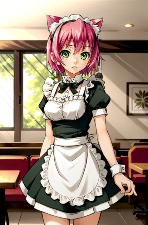 IzunaCzar, (short hair, pink hair, green eyes, cat ears), (maid uniform), (standing, cafe), (masterpiece:1.2), hires, ultra-high resolution, 8K, high quality, (sharp focus:1.2), clean, crisp, cinematic,<lora:Izuna-15:0.7>