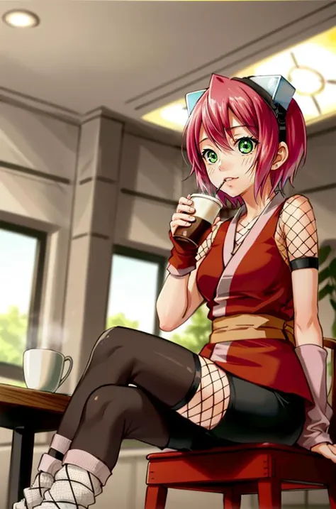 IzunaCzar, (short hair, pink hair, green eyes, goggles), (black spandex shorts, red ninja clothes, ninja, fishnet, fishnet legwear, shuriken), (sitting, cafe, drinking coffee), (masterpiece:1.2), hires, ultra-high resolution, 8K, high quality, (sharp focus:1.2), clean, crisp, cinematic,<lora:Izuna-15:0.7>