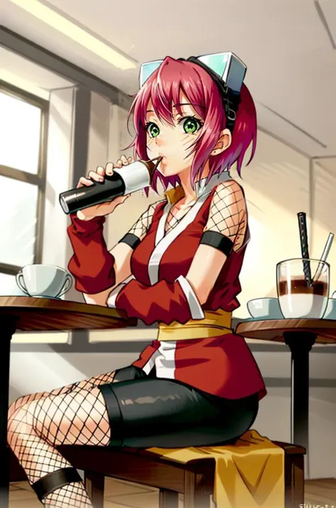 IzunaCzar, (short hair, pink hair, green eyes, goggles), (black spandex shorts, red ninja clothes, ninja, fishnet, fishnet legwear, shuriken), (sitting, cafe, drinking coffee), (masterpiece:1.2), hires, ultra-high resolution, 8K, high quality, (sharp focus:1.2), clean, crisp, cinematic,<lora:Izuna-15:0.7>