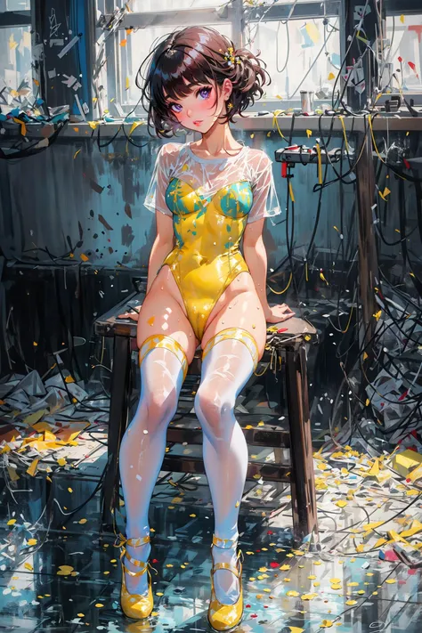 masterpiece, best quality, post-Impressionist, full body, kid, competition leotard under the see-through t-shirt, style by ilya kuvshinov, wet t-shirt, yellow leotard, spread legs, sitting, female masturbation, ballet slippers