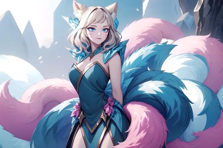 (masterpiece),(best quality),(extremely intricate),(sharp focus),(glowy luminescence),(extremely detailed),
1girl,solo, IncrsAhriWinterQueen, whisker markings, facial mark, <lora:AhriWinterQueen:1.2>, fox tail, multiple tails, ice, cowboy shot, seductive smile, arms behind back, blue dress,[by momoco|by quasarcake], (by wlop:0.6),
<lora:hyperdetailer_v095:0.3>