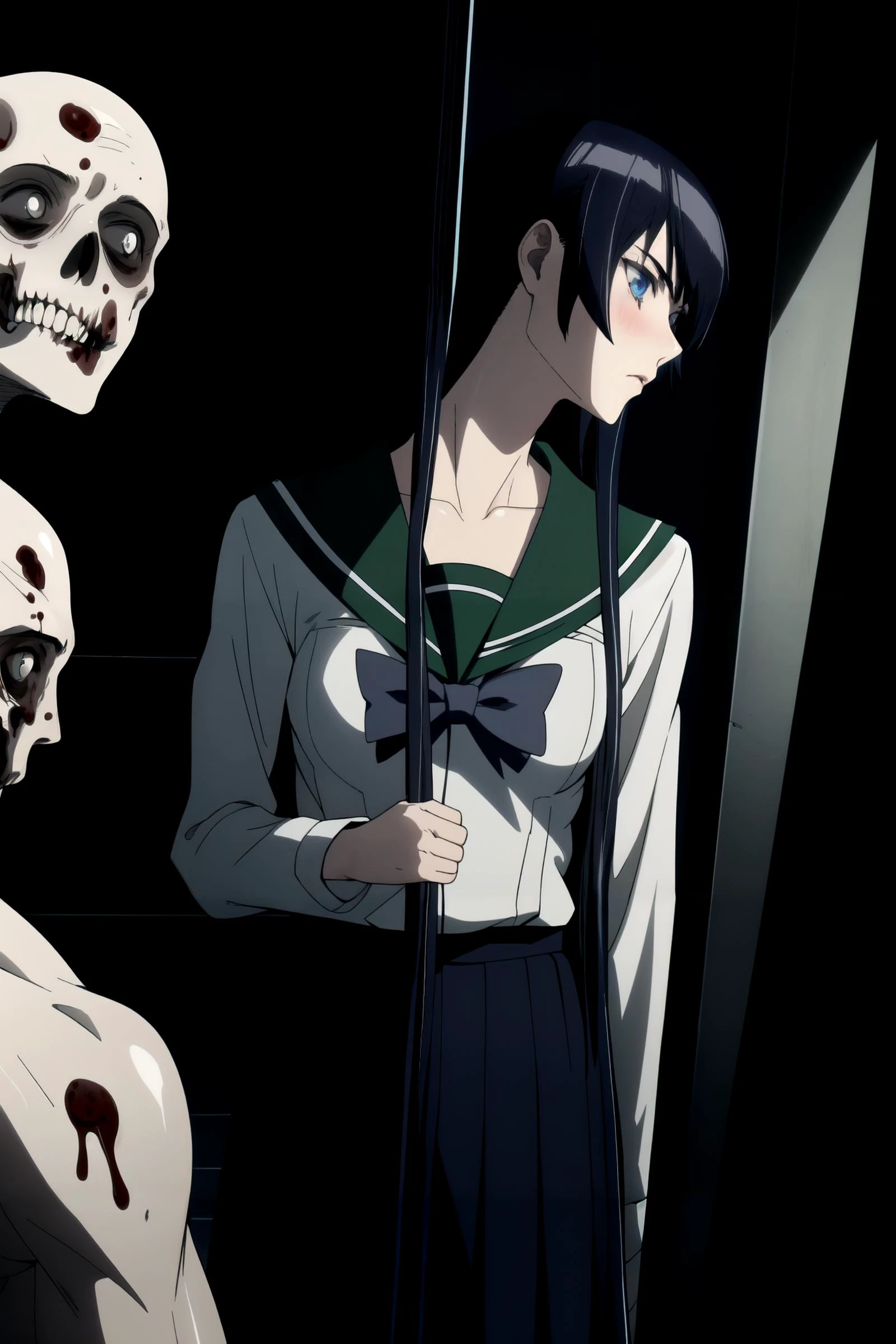 Horror-themed Horror-themed Masterpiece, best quality, high resolution, <lora:eft_hotd_blue:0.7> eft_hotd_blue, school uniform, 1girl, solo, long hair, black hair, serafuku, bow, very long hair, blue eyes, <lora:add_detail:0.2>, stands, <lora:yudedako_v200:0.6>, <lora:zombie_v1.3:1>, <lora:zombie_v1.3:1> 1girl, scared, wide-eyed, shock, torn school uniform, multiple boys, zombie, motion blur, perspective, blood, backlighting, see-through silhouette, foreground, masterpiece, best quality, highly detailed, <lora:Clothes:1> torn clothes, . Eerie, unsettling, dark, spooky, suspenseful, grim, highly detailed . Eerie, unsettling, dark, spooky, suspenseful, grim, highly detailed