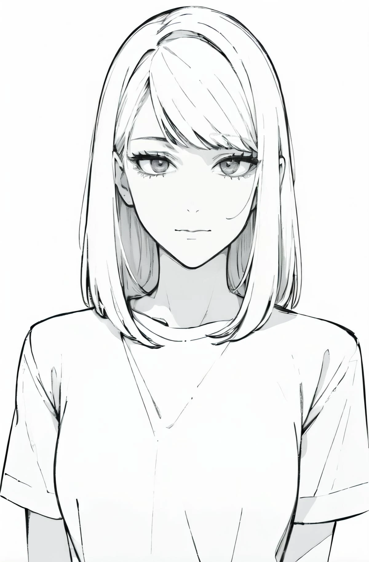 (white background:1.5) , masterpiece, detailed face, ultra detailed, best quality, sketch, monochrome, manga , pencil drawing, black and white, greyscale, flat color a woman, solo, closed mouth, grey eyes, white hair, bangs, medium hair, (straight hair), small breasts, shirt, (short sleeves), (white shirt)