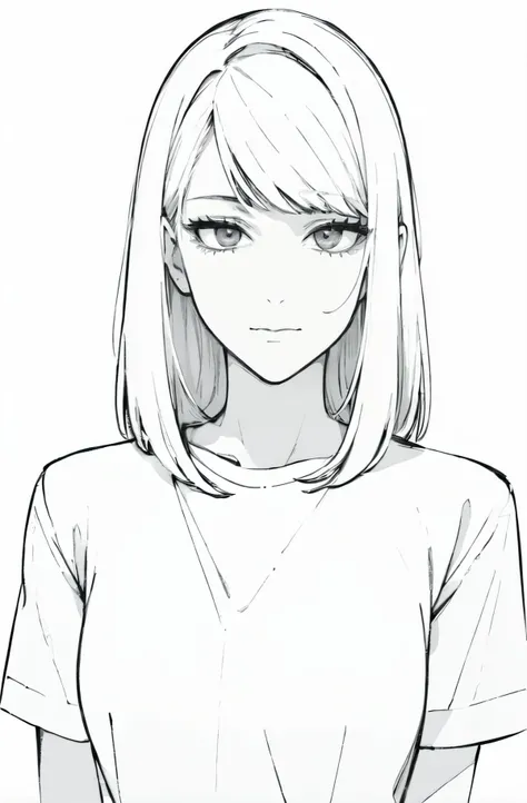 (white background:1.5) , masterpiece, detailed face, ultra detailed, best quality, sketch, monochrome, manga , pencil drawing, black and white, greyscale, flat color a woman, solo, closed mouth, grey eyes, white hair, bangs, medium hair, (straight hair), small breasts, shirt, (short sleeves), (white shirt)