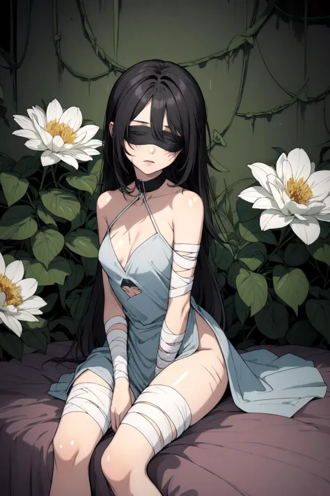 indoors, overgrown, bedroom, flowers, white flowers, vines, 1girl, wide shot, blindfold, small breasts, bandage arms, bandage legs, torn dress, sitting on bed, scars on face, scars on legs, volumetric lighting, dark
BREAK, <lora:low_ponytail-1.0:1><lora:add_detail:0.3>