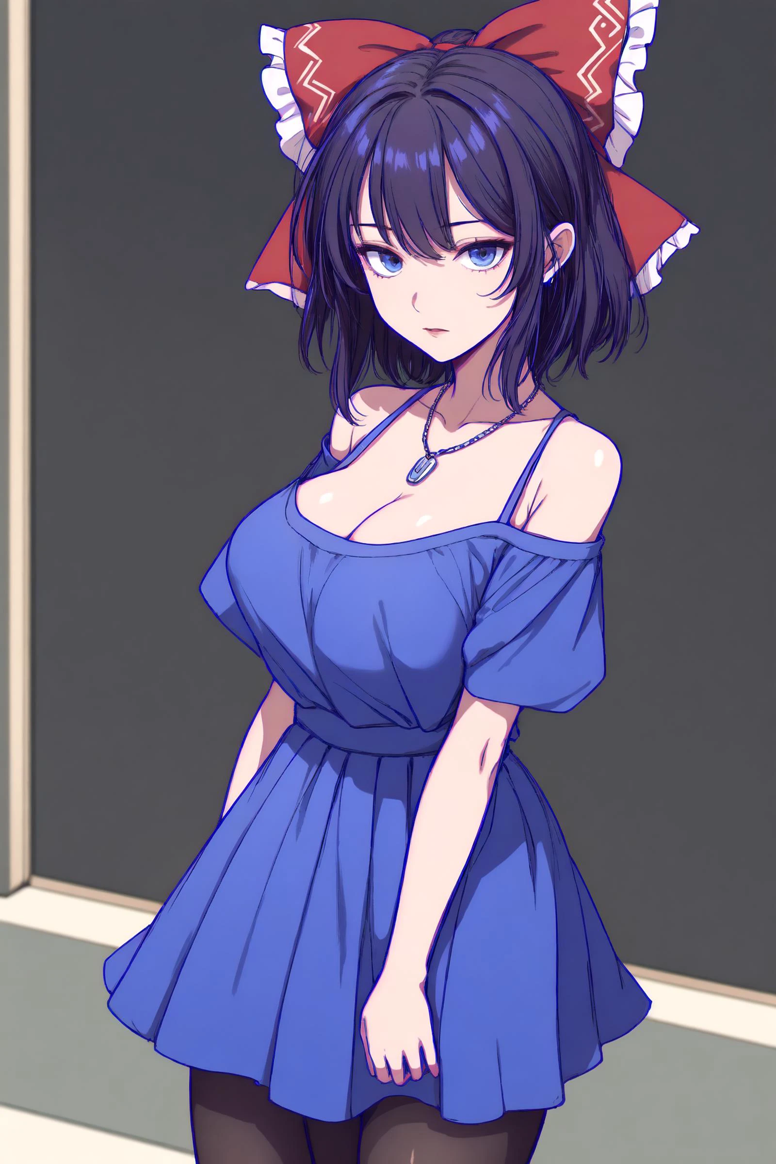 1girl, hakurei reimu, touhou, player 2, alternate costume, (fusu (a95101221):1.2), blue dress, blue eyes, (single shoulder dress:1.05), blue hairbow, necklace, blue_skirt, sarashi, cleavage, large_breasts, pantyhose, midriff_peek,
<lora:hyperdetailer_v095:0.3> <lora:color stroke_v1.03:1>pink stroke,