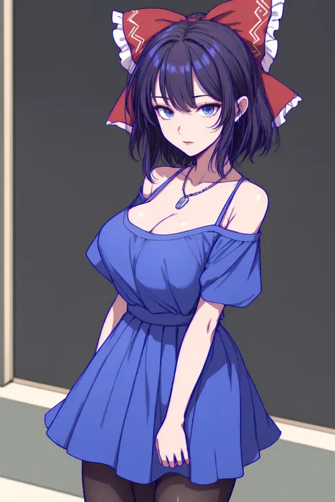 1girl, hakurei reimu, touhou, player 2, alternate costume, (fusu (a95101221):1.2), blue dress, blue eyes, (single shoulder dress:1.05), blue hairbow, necklace, blue_skirt, sarashi, cleavage, large_breasts, pantyhose, midriff_peek,
<lora:hyperdetailer_v095:0.3>  <lora:color stroke_v1.03:1>pink stroke,