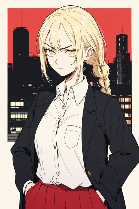 1girl, solo, black blazer, red skirt, white shirt, blonde hair, braid, yellow eyes, hands in pockets, serious face, roof, cityscape,<lora:age_slider_v2:1.5>