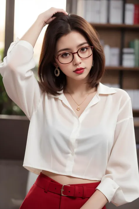 a woman wearing glasses and a white shirt posing for a picture