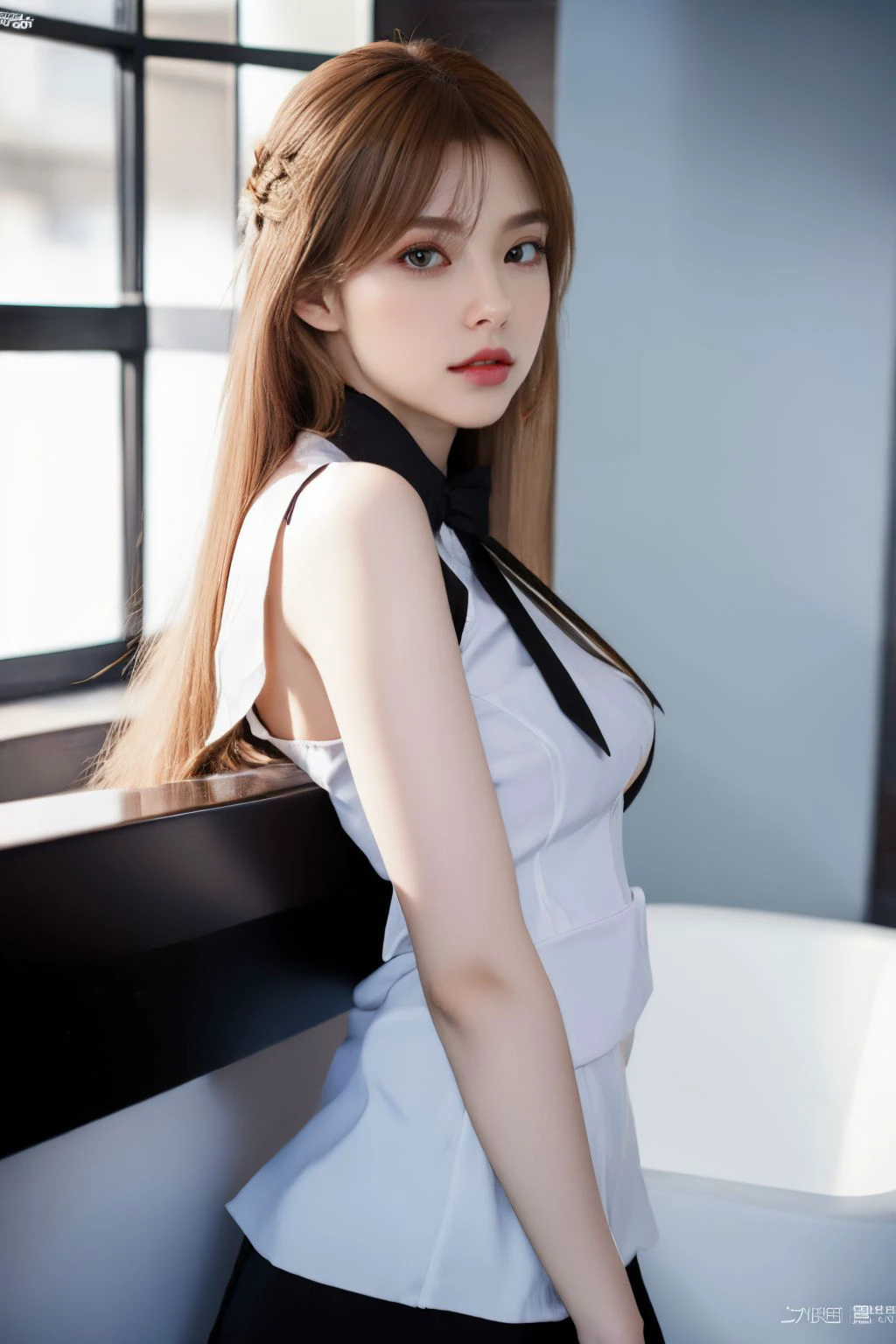 (RAW photo:1.2), (photorealistic:1.4), (masterpiece:1.3), (best quality:1.4), ultra high res, HDR, 8k resolution, 1girl, solo, ulzzang-6500-v1.1, black very long hair, model photo pose, (azure blue eyes), (glowing eyes), (pale skin:1.2), red lips, white business uniform, legwear, (fractal:1.3), <lora:chicvibe_v100:0.5>, <lora:Asuna-10:0.75>