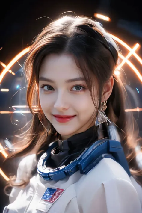 (RAW photo:1.2), (photorealistic:1.4), (masterpiece:1.3), (best quality:1.4), ultra high res, HDR, 8k resolution, 1girl, big breast, solo, ulzzang-6500-v1.1, blue ponytail, (azure blue eyes), (glowing eyes, smile:1.2), (pale skin:1.2), red lips, yellow wonder woman suit, sexy pose, (space station, fractal:1.3), <lora:charming_20231028021431:0.8> <lora:OC:0.22>