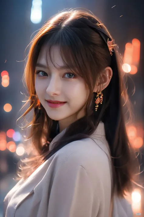 a woman with long hair and earrings standing in front of a city street