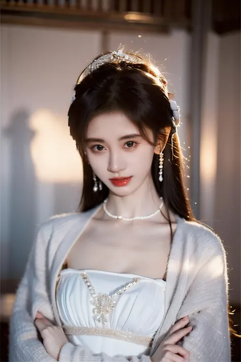 <lora:jjyi_V2>,jjyi,1girl,fair_skin,
professional photography photos,melancholy tone,dynamic pose,earrings,necklace,<lora:FilmVelvia3:0.4>,upper_body,looking_at_viewer,light and shadow,drill hair,long hair,ju jingyi,purity,pure,<lora:hanfuchang:0.5>,gorgeous headwear,