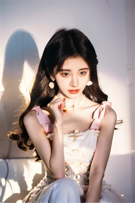 <lora:jjyi_V2>,jjyi,1girl,fair_skin,
professional photography photos,melancholy tone,dynamic pose,earrings,necklace,<lora:FilmVelvia3:0.4>,looking_at_viewer,light and shadow,drill hair,long hair,ju jingyi,<lora:sweetLolita_v10:0.7>,