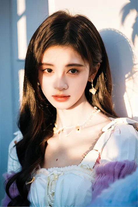 <lora:jjyi_V2>,jjyi,1girl,fair_skin,
professional photography photos,melancholy tone,dynamic pose,earrings,necklace,<lora:FilmVelvia3:0.4>,looking_at_viewer,light and shadow,drill hair,long hair,ju jingyi,<lora:sweetLolita_v10:0.7>,