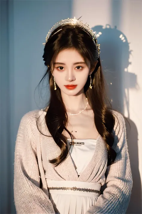 <lora:jjyi_V2>,jjyi,1girl,fair_skin,
professional photography photos,melancholy tone,dynamic pose,earrings,necklace,<lora:FilmVelvia3:0.4>,upper_body,looking_at_viewer,light and shadow,drill hair,long hair,ju jingyi,purity,pure,<lora:hanfuchang:0.5>,gorgeous headwear,