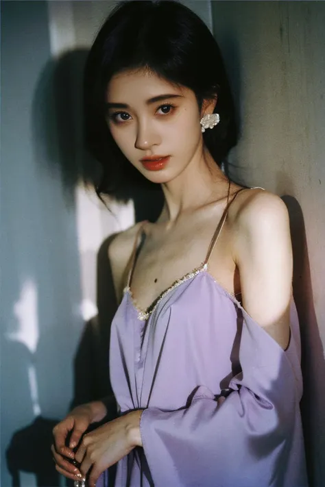 <lora:jjyi_V2>,jjyi,1girl,(fair_skin:1.2),light and shadow,(drak green tone:0.8),
silk nightgown,small breasts,upper body,professional photography photos,strong chioscuro contrast,fashion magazine cover,melancholy tone,dark bedroom,against wall,shaded_face,dynamic pose,looking_at_viewer,earrings,jewelry,pearls and jewels,<lora:FilmVelvia3:0.4>,