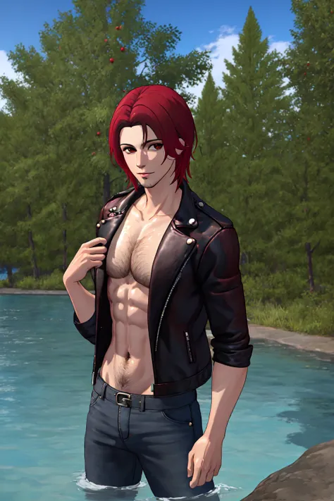 1boy, chest hair, looking at viewer, male focus, navel, nude, outdoors, realistic, ra'aelle steel x'voor, red hair, leather jacket, red shirt, solo, tree, upper body, water, <lora:Raaelle_Criss:0.7>