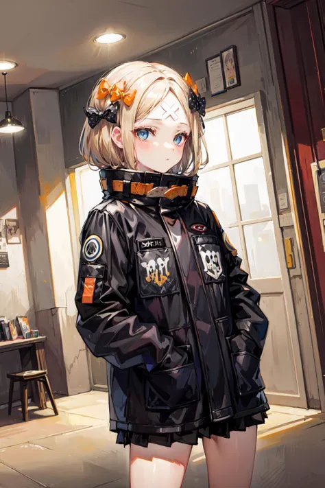 masterpiece,best quality,1girl,solo,abigail williams (traveling outfit) (fate),official alternate costume,short hair,blonde hair,crossed bandaids,blue eyes,single hair bun,orange bow,black bow,polka dot bow,long sleeves,sleeves past wrists,black jacket,expressionless,hands in pockets,looking to the side,town,shop,dutch angle,cowboy shot,<lora:Concept-control tool-add_detail-CyberAIchemist:0.8>,<lora:AbigailWilliams:1>,