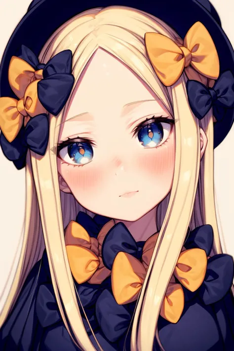 masterpiece, best quality, <lora:AbigailWilliams:1>,1girl, solo, bow, blonde hair, black bow, abigail williams (fate), long hair, blue eyes, orange bow, hair bow, looking at viewer, hat, polka dot, polka dot bow, parted bangs, black headwear, bangs, simple background, portrait, black dress, dress, closed mouth, forehead, multiple hair bows, multicolored eyes, head tilt <lora:add_detail:1>