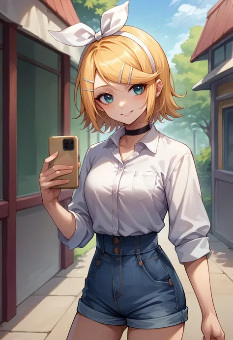 score_9, score_8_up, source_anime, 1girl, solo, KagamineRin, short hair, hairclip, white hairband, hair bow, white shirt, dress shirt, black choker, holding cellphone, denim shorts, high-waist shorts, outdoors, smile, <lora:ChamKagamineRinPonyXL:1>