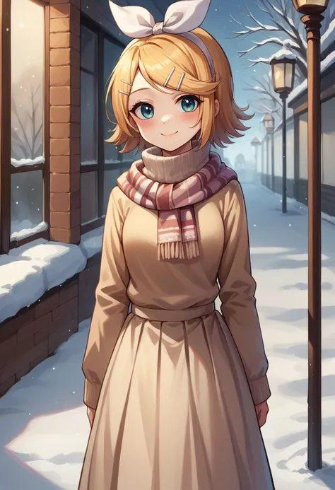 score_9, score_8_up, source_anime, 1girl, solo, KagamineRin, short hair, hairclip, white hairband, hair bow, turtleneck sweater, long skirt, outdoors, scarf, winter, smile, blush, <lora:ChamKagamineRinPonyXL:1>