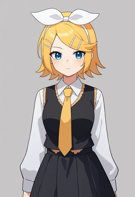 score_9, score_8_up, score_7_up, BREAK, source_anime,   
1girl, solo, <lora:ChamKagamineRinPonyXL:1> KagamineRin, short hair, hairclip, white hairband, hair bow, medium breast 
collared shirt, white shirt, yellow necktie, black vest, black skirt