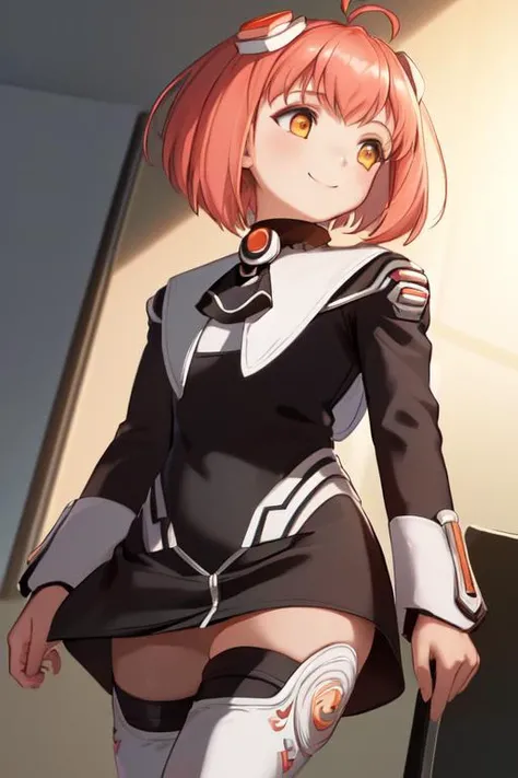 masterpiece, best quality,ultra detailed, highres, aamomo, short hair, ahoge, hair ornament, black ascot, black dress, short dress, long sleeves, white thighhighs, <lora:m.o.m.o_v1:1>,smile,1girl,office,full bodyã(looking away:1.4)