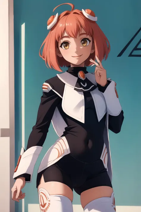 masterpiece, best quality, highres, aamomo,(chibi),short hair, ahoge, hair ornament, black ascot, black dress, short dress, long sleeves, white thighhighs,white panty,cameltoe,panty shot, standing, cowboy shot, smile