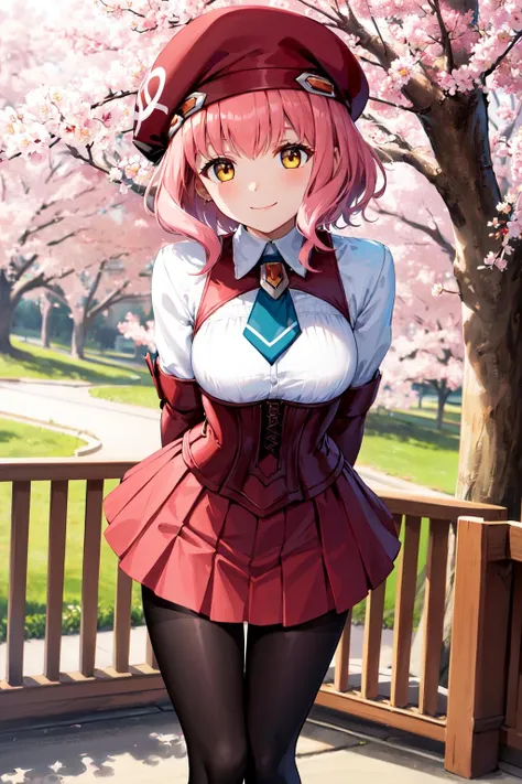 Cute girl gesturing heart with hand on a bridge with a cherry tree for the background in spring, thigh highs, large breasts, cute, masterpiece, high quality, good lighting