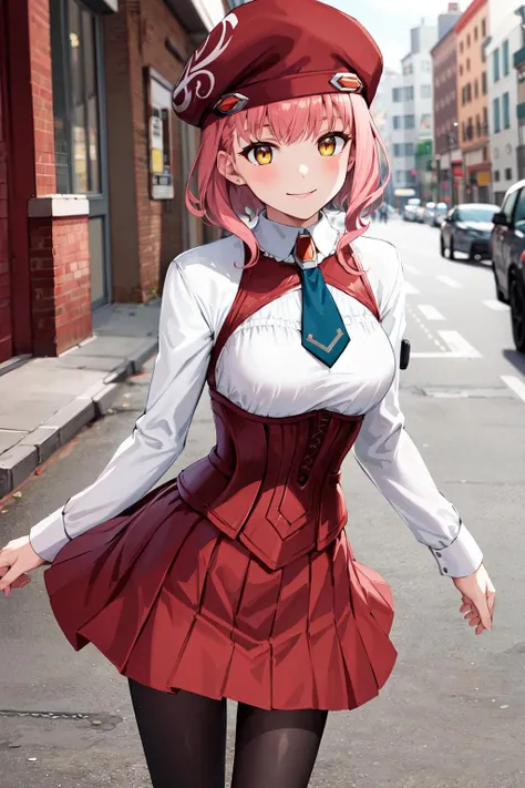 (8k, best quality, masterpiece:1.2), (realistic, photo-realistic:1.37), ultra-detailed, 1girl, solo, cute, beautiful detailed sky, (smile:1.2), (grin), beautiful detailed eyes, floating hair,(seifuku:1), stockings, full body,street,thin