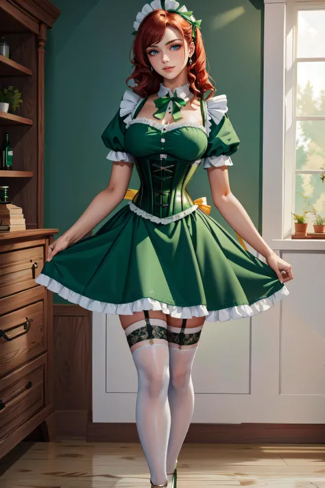Mujer rubia de pié vestida de maid con medias greens de red hasta el muslo y stiletos"greens" of platform
