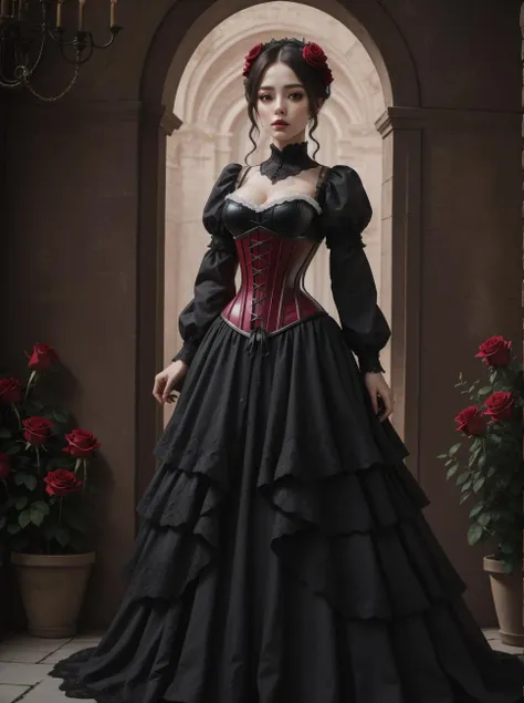 Gothic style 8k, masterpiece, highly detailed, 1girl, (red underbust corset), <lora:underbust_corset-1.0:0.8>, full body, long dress, roses, (lace blouse), rose hair ornament, Dark, mysterious, haunting, dramatic, ornate, detailed