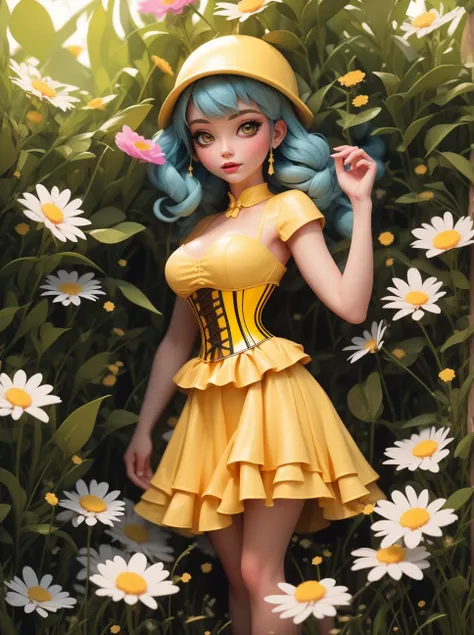 8k, masterpiece, highly detailed, 1girl, (yellow underbust corset), <lora:underbust_corset-1.0:0.8>, long dress, fairytale, daisies, field